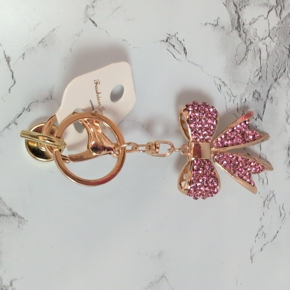 NWT Rhinestone Sparkling Gold Bow Keychain Bag Charms - Picture 3 of 5